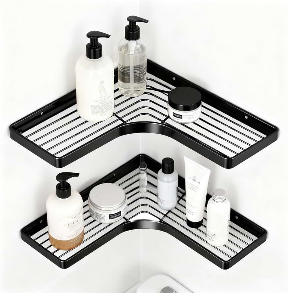 Duschablage Ohne Bohren Ecke, 2 Stück Eckregal Bad Rostfrei mit 4 Klebestreifen, Eckregal Dusche Edelstahl Schnellablauf, Badezimmer Regal für Aufbewahrung Shampoo und Duschgel - Schwarz