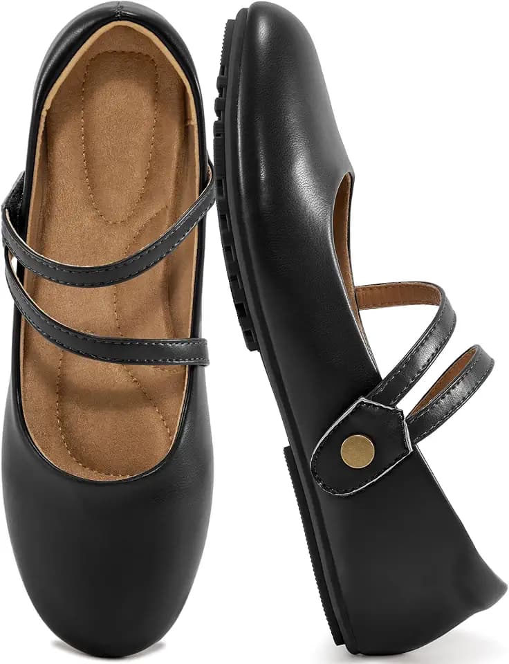 HARENCE Mary Jane Flats for Women: Dressy Round Toe Ballet Flats with Strap - Comfortable Work Shoes for Office Business