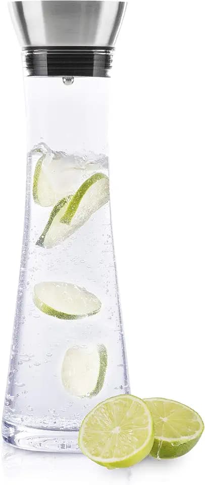 Haushalt International Wasserkaraffe Glas (1 Liter) - Glaskaraffe mit Deckel und Ausgießer, Wasserflasche Glas und Edelstahl, Karaffe für Wasser, Wein & Co