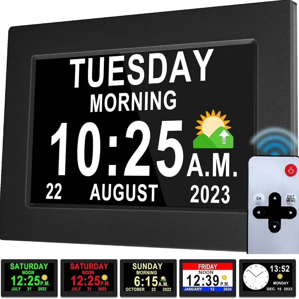 [New Version] 7 Inch Day Clock - 19 Alarms,20 Custom Reminder, Remote Control, Level 10 Auto Dimmable Display Calendar Clock, Non-Abbreviated Day Date Alarm Clock for Impaired Vision Dementia Seniors