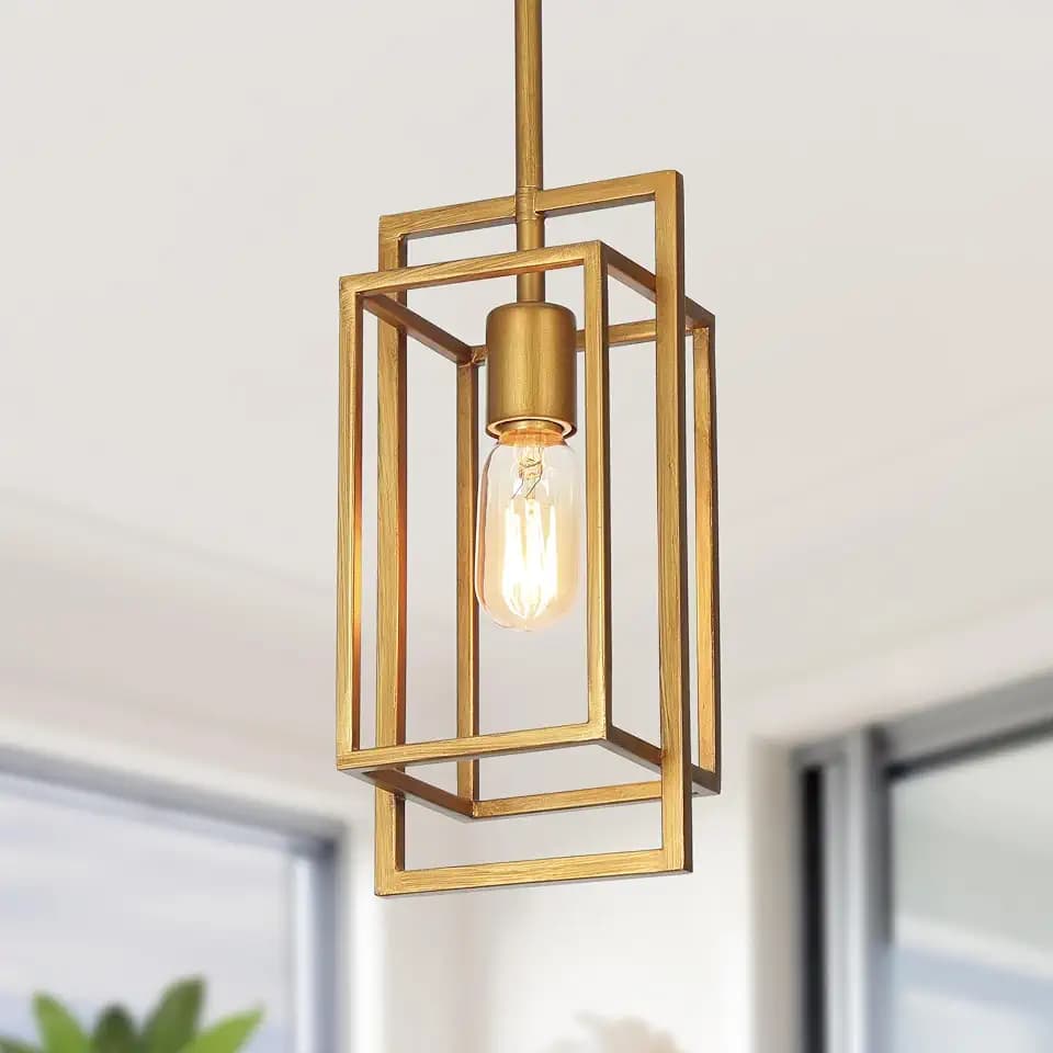 KSANA Antique Gold Pendant Lighting, Modern Golden Geometric Cage Hanging Light Fixture for Kitchen Island, Foyer, Dining Room and Hallway