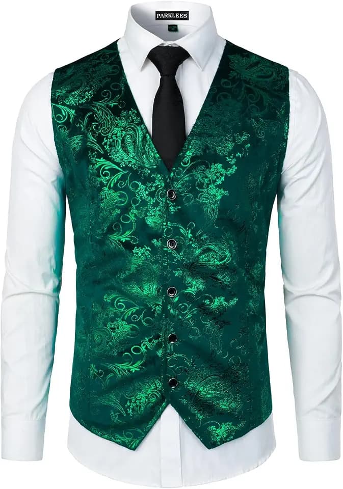 PARKLEES Luxuriöse Herren-Weste, metallisches Paisleymuster, goldfarben, glänzend, für Hochzeit, Abschlussball, Party, Anzug oder Smoking