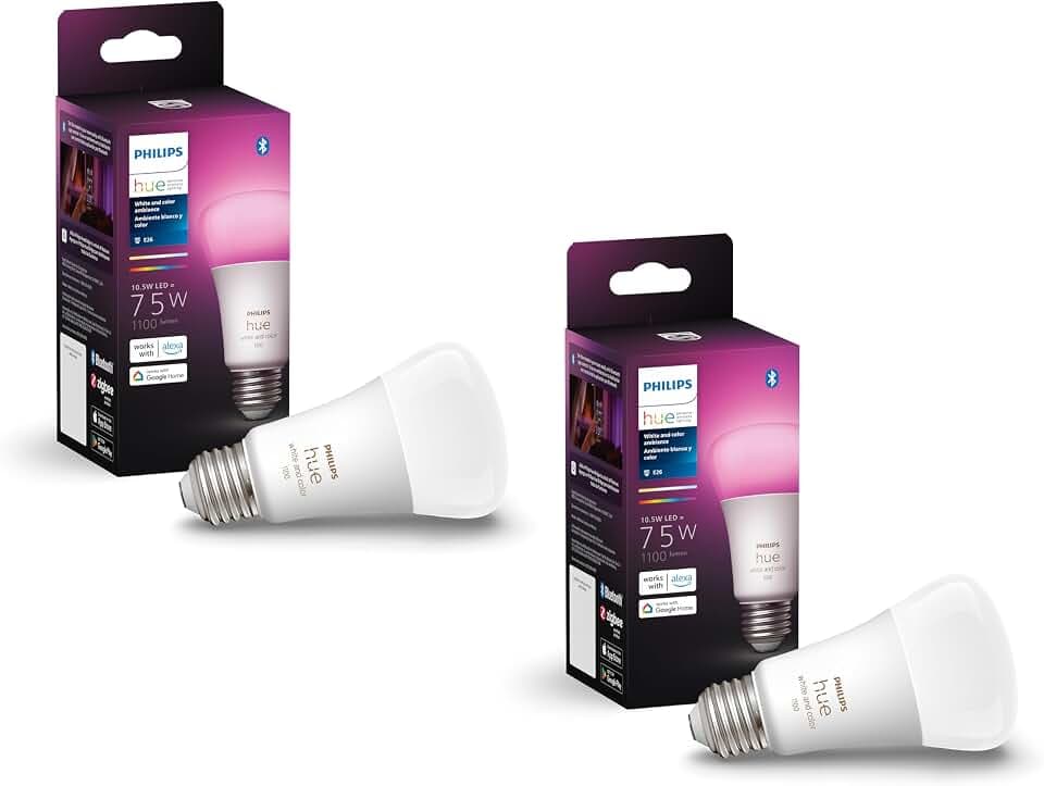Philips Hue Smart 75W A19 LED Bulb - White and Color Ambiance Color-Changing Light - 2 Pack - 1100LM - E26 - Indoor - Control with Hue App - Compatible with Alexa, Google Assistant and Apple Homekit