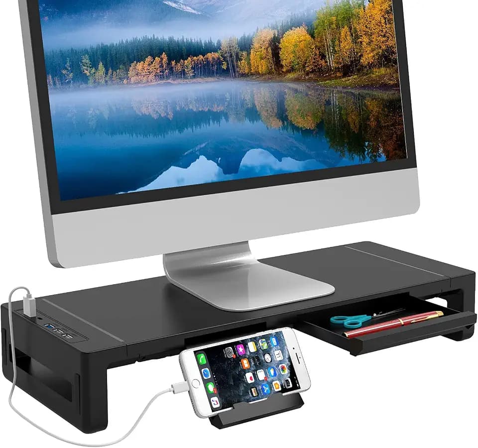 Schreibtisch-Monitorständer mit Schublade, Breitenverstellbarer Bildschirmerhöhung, Laptop-und PC Monitor Standfuss mit USB3.0-Datenanschluss und Type-C-Ladeanschluss