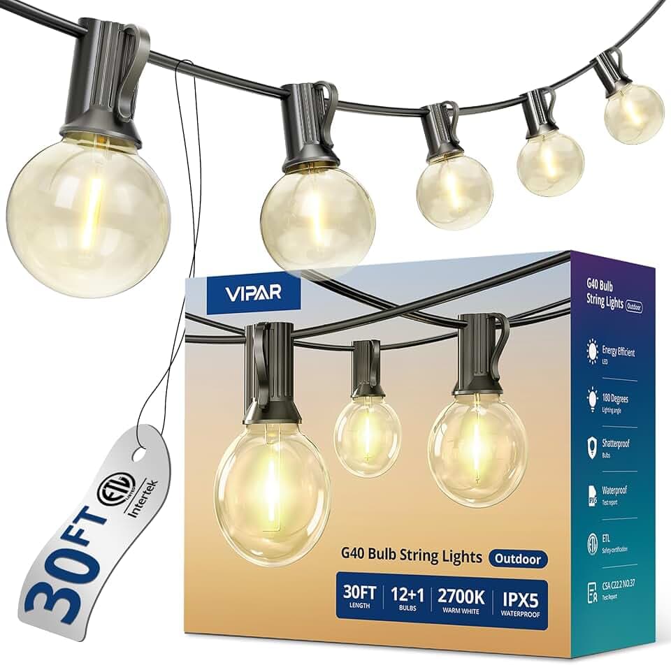 VIPAR Outdoor String Lights,30FT 13 G40 Patio Lights Waterproof for Balcony