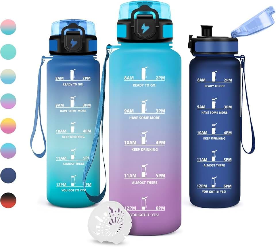 Wasserflasche 1.5L, Trinkflasche mit Filter, Wasserflasche mit Zeitmarkierung, Kohlensäure Geeignet, Sportflasche Auslaufsicher, für Outdoor, Camping, Büro