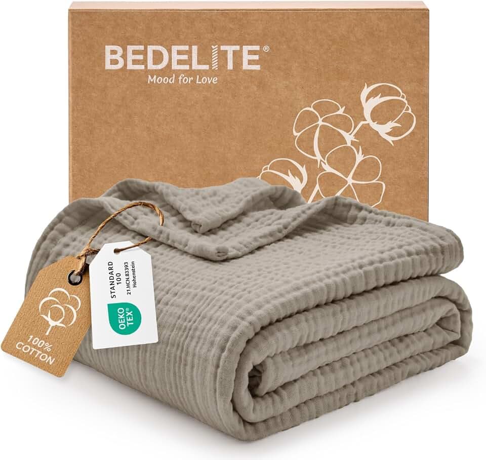 BEDELITE 100% Cotton Muslin Blanket for Adults, Breathable, Taupe, 50"x70"