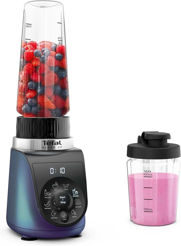 Tefal Blend Up Mini-Mixer, 8 automatische Programme, Pulsfunktion, abnehmbare Powelix-Klingen, inkl. 2 On-the-Go-Flaschen (400 + 700 ml), Silence-Modus, kompaktes Design, 1000 Watt, Blau, BL19H4F0
