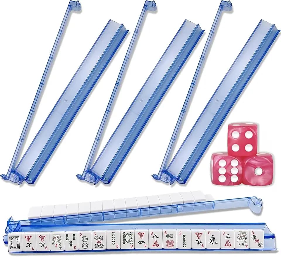 bestcool Mahjong Racks with Pushers Set of 4, Mahjong Tile Holders with Dice, Racks with Attached Pushers, Mahjong Accessories and Supplies for Women(Blue-Pink)