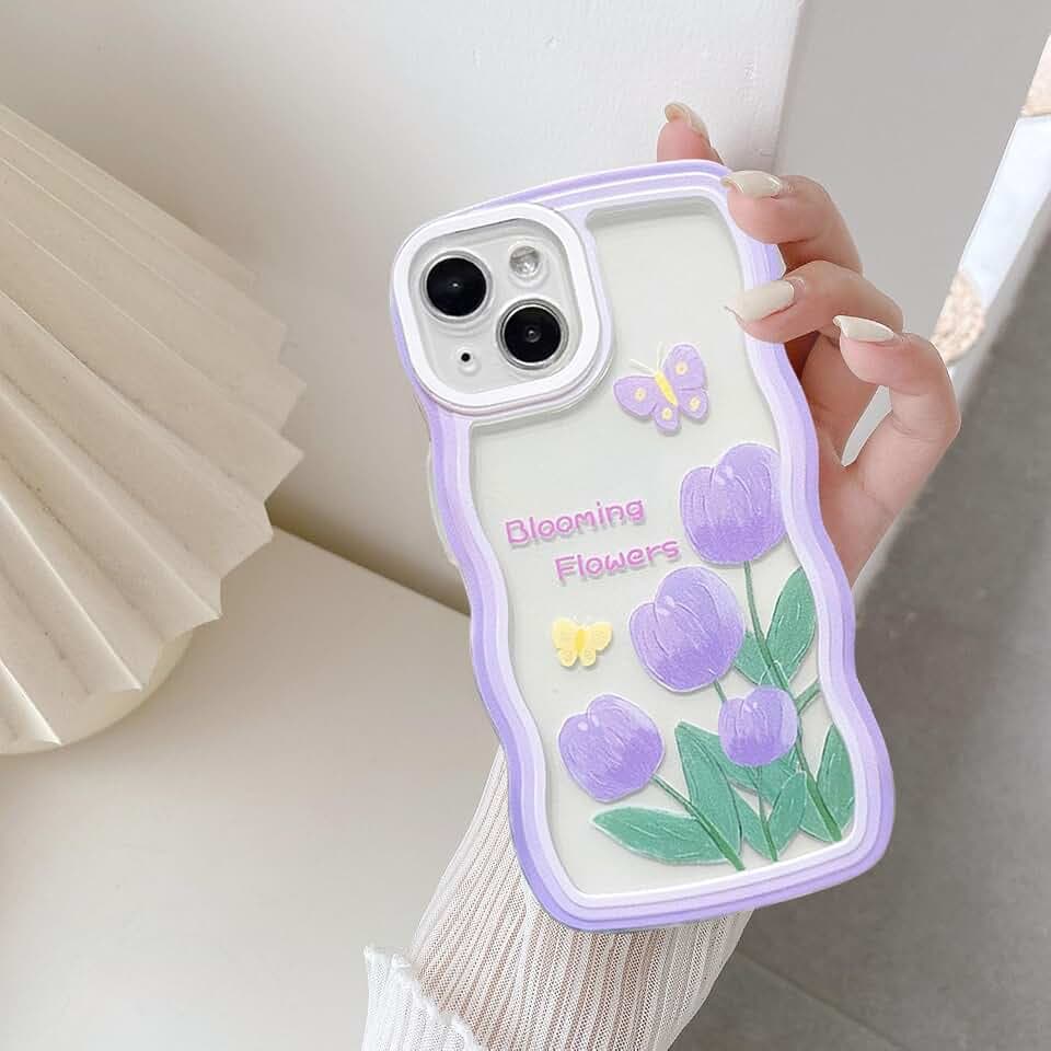 UEEBAI Hülle für iPhone 15 6.1 inch, Wellen Rahmenform Silikon Stoßfeste Schutzhülle Anti-Kratzt Rückseite TPU Bumper Cover für Mädchen Frauen Handyhülle für iPhone 15 6.1 inch - Lila Blüten