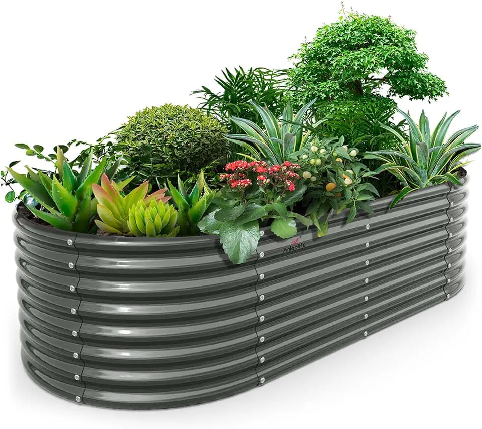 Anleolife 8x4x2ft Oval Deep Root Galvanized Raised Garden Bed, Quartz Grey