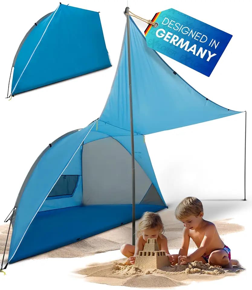 EXPLORER Strandmuschel 270x120x120cm **mit Sonnendach / verschließbar ** UV Schutz 80+ mit Boden Garten Strand Outdoor Muschel Strandzelt Sichtschutz Sonnenschutz Urlaub