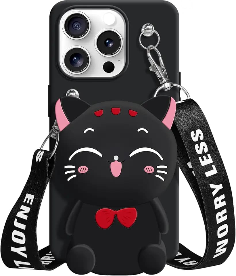 Wallet Case for iPhone 16 Pro Max with Strap Lanyard Cute Cat Black Coin Purse Funny Phone Case Kawaii Soft Silicone Shockproof Cover for Women Girls