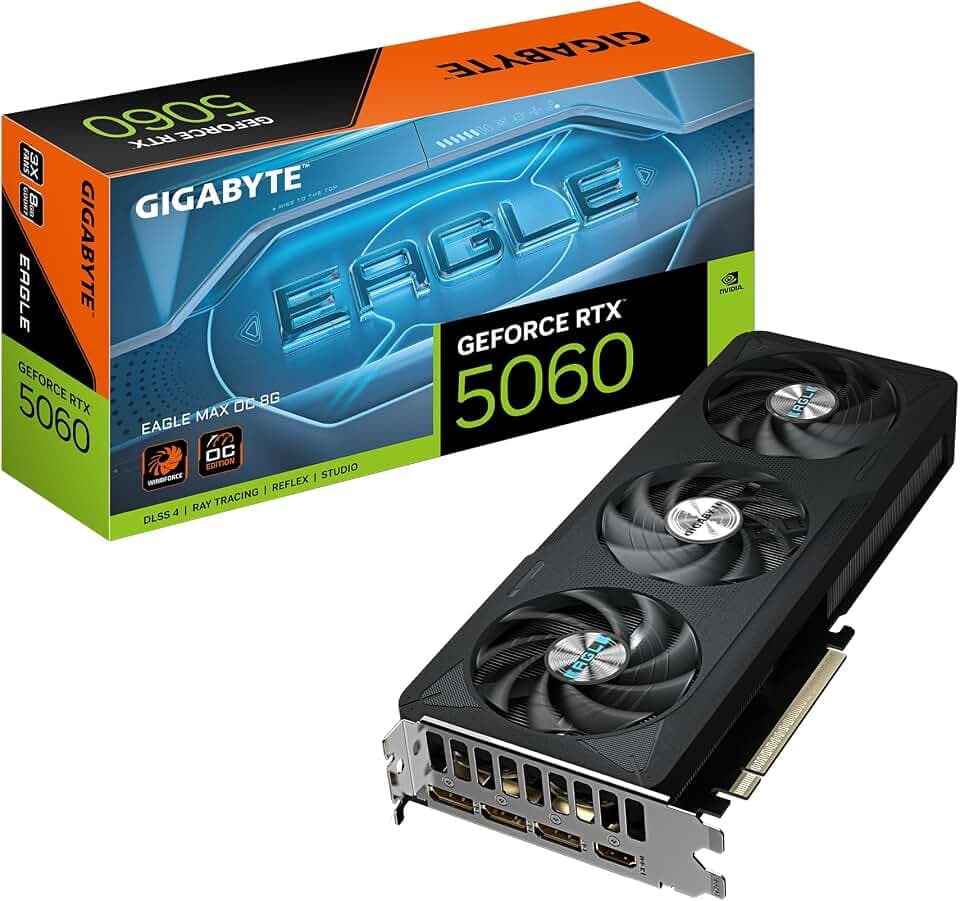 Gigabyte GeForce RTX 5060 Eagle MAX OC 8G Grafikkarte – 8 GB GDDR7, 128 Bit, PCI-E 5.0, 2550 MHz Kerntakt, 3 x DisplayPort, 1 x HDMI, NVIDIA DLSS 4, GV-N5060EAGLEMAX OC-8GD