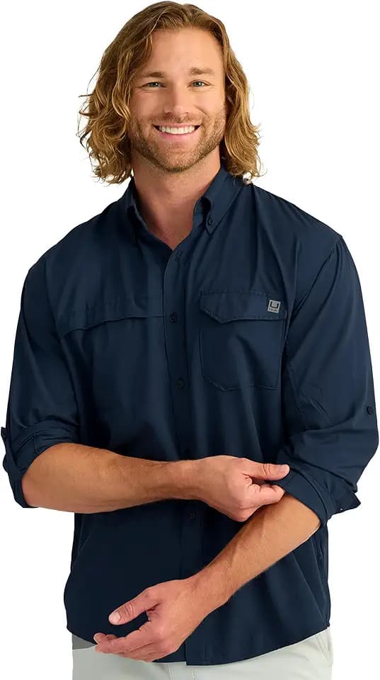 HUK Men's Tide Point Solid Long Sleeve Button Down Shirt (Available in 3X-Large)