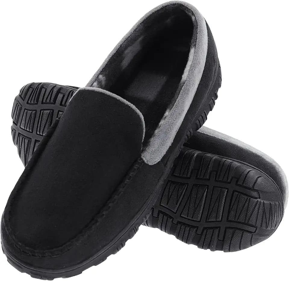 Lulex Mens Moccasin Slippers Size 8-14,Memory Foam House Shoes with Rubber Indoor Outdoor Sole, Machine Washable