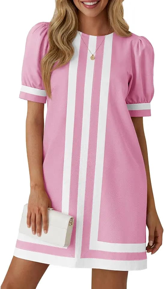 Wenrine Womens Summer Mini Dress Puff Sleeve Loose Casual Shift Dresses