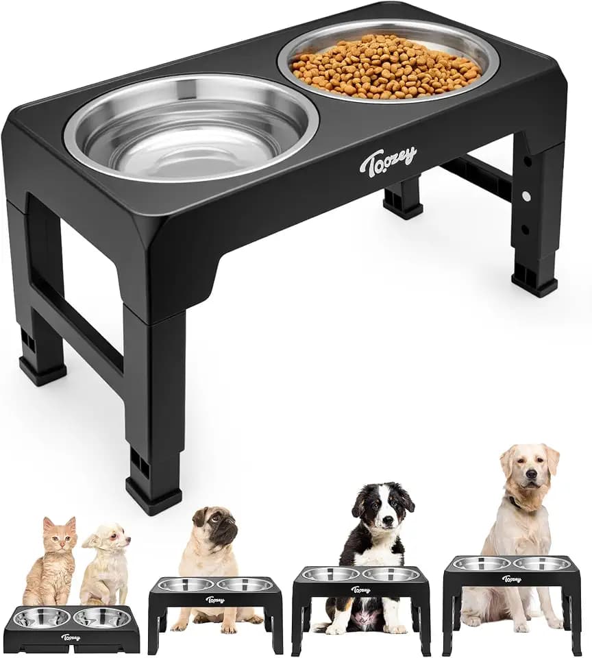 Toozey Hundenapf, Futternapf für Hunde, Höhenverstellbar, mit 2 Edelstahl-Schüsseln von 1200 ml, Hundenapf Erhöht für Mittelgroße und Große Hunde, 4 Höhenverstellbare Fütterung, Schwarz