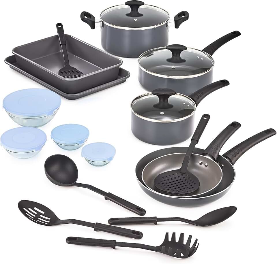 bella Antihaft-Kochgeschirr-Set mit Glasdeckeln - Aluminiumbackzubehör, Töpfen und Pfannen, Aufbewahrungsschüsseln und Utensilien, für alle Herdarten geeignet, 21 Teile, schwarz