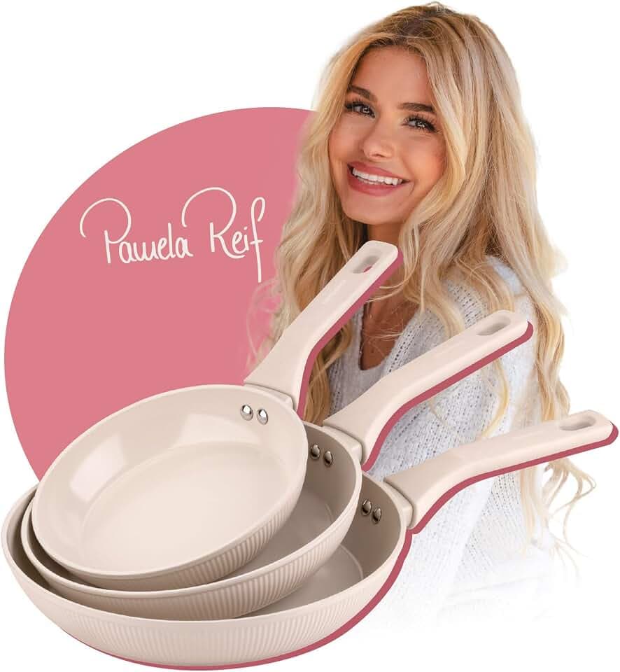 FACKELMANN x Pamela Reif Bratpfannen-Set 3-tlg Ø 20/24/28 cm – recyceltes Aluminium, Pastell-Beige, PFAS-freie Keramikbeschichtung, modernes Rillen-Design, für alle Herdarten