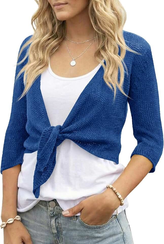 Saodimallsu Womens Tie Front Shrugs 3/4 Sleeve Cropped Summer Lightweight Sheer Knit Bolero Cardigan Sweaters