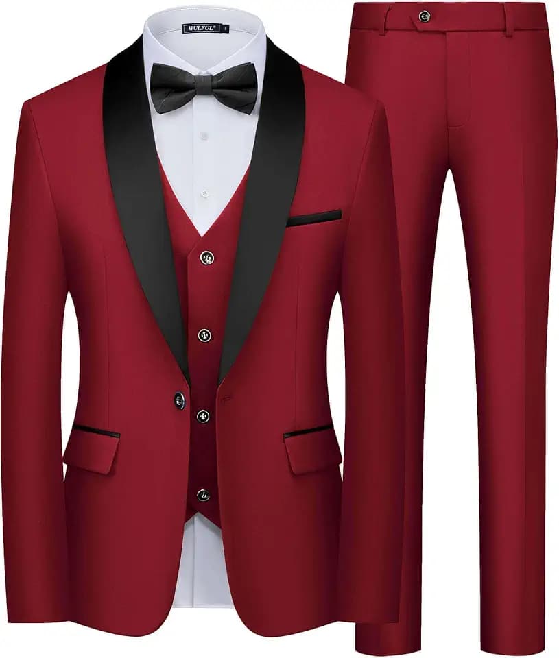 WULFUL Men's 3 Piece Tuxedo Slim Fit Suits for Men One Button Jacket Vest Pants Suit Set for Prom, Wedding