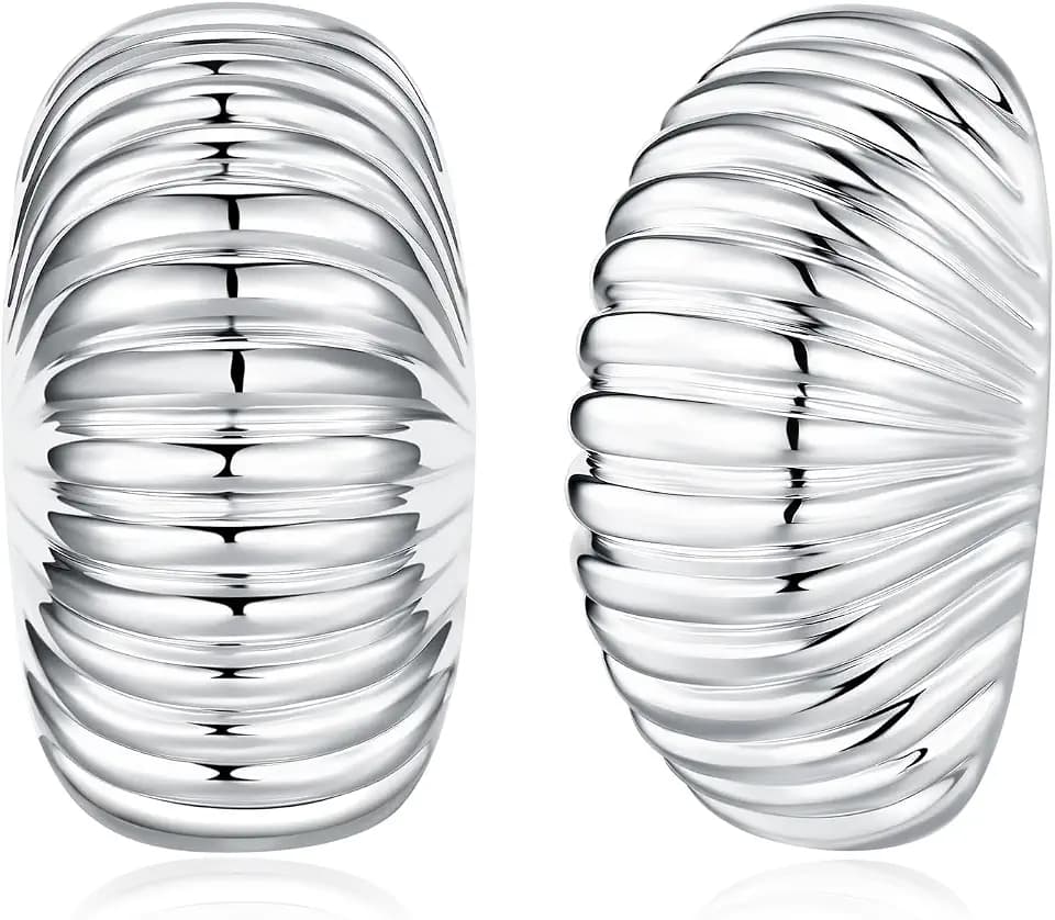 Sngia Large 18K Gold Plated Silver Plated Chunky Clip on Statement Earrings for Women, Bold Handmade Exaggerated Trendy Seashell Ribbed Jewelry Gifts, Curved Half Circle Textured Summer Beach Fashion Earrings Accessories, Big Vintage Irregular Hammered Thick Circular Nickle Free Cuff Huggie Earrings.