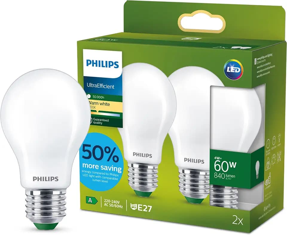 Philips Classic ultraeffiziente E27 LED Lampe, 60W, matt, warmweiß, Doppelpack, Weiß