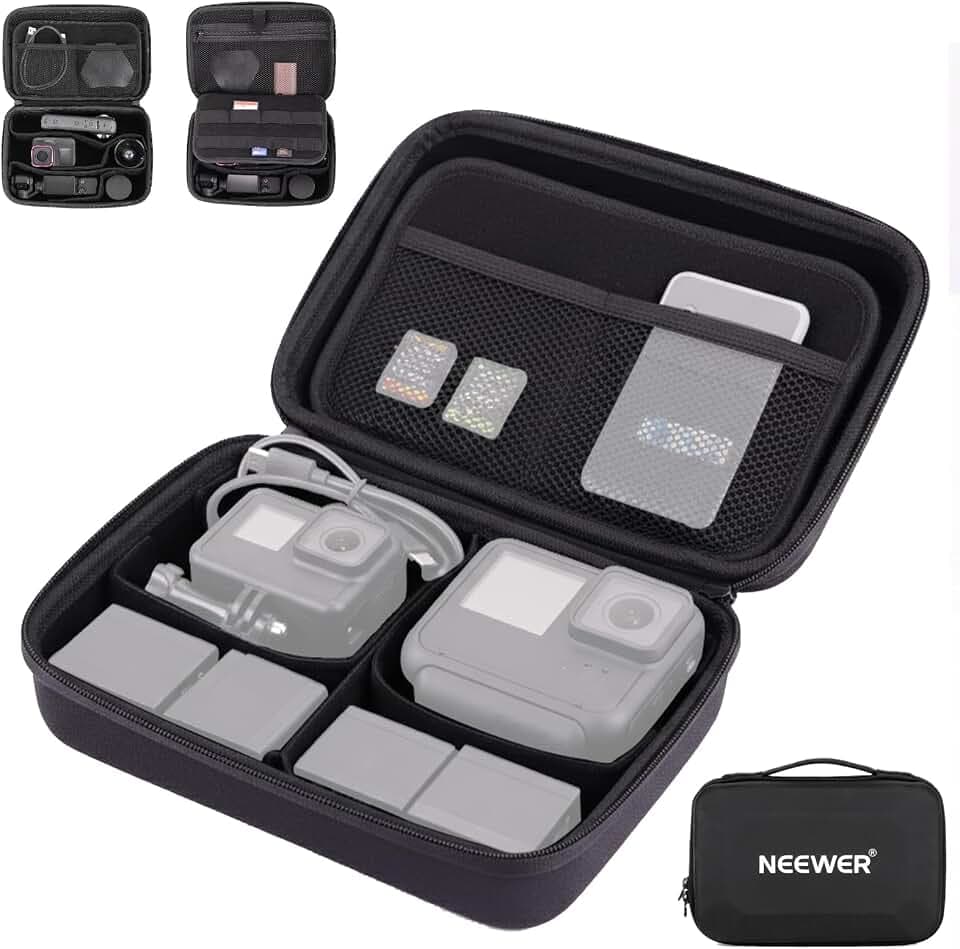NEEWER Tragetasche für Action Cam und Zubehör, spritzwassergeschützte Aufbewahrungstasche mit DIY Trennwänden Netztaschen kompatibel mit GoPro DJI Osmo 360 Action 5 Pro Pocket 3 NEEWER Objektiv, PB27