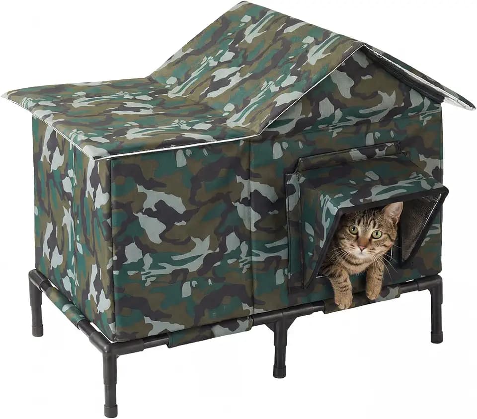 Outdoor Cat House Weatherproof with Ice Pack Cooling Pocket, Insulated & Waterproof Feral Cat Shelter, Foldable Pet House with Elevated Base, Windproof for Winter & Summer
