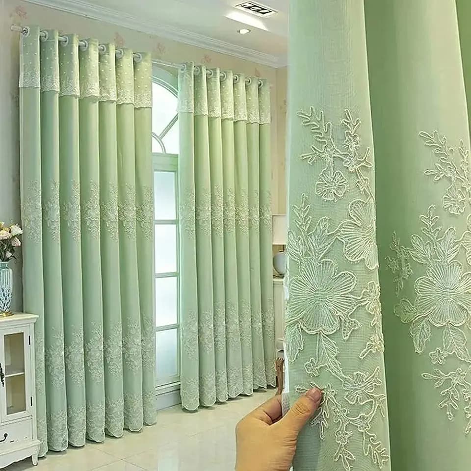 Amidoudou 1 Pair European Double Layer Curtains Luxury Flower Embroidered Curtains for Living Room Bedroom (Green,52x96 Inch)