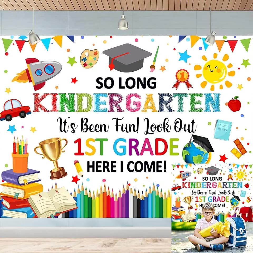7X5FT Preschool Kindergarten Graduate Backdrop 1st Grade Here I Come Photo Background Kindergarten Graduation Decorations Banner 2026 Congrats Grad Party Decor Photo Props