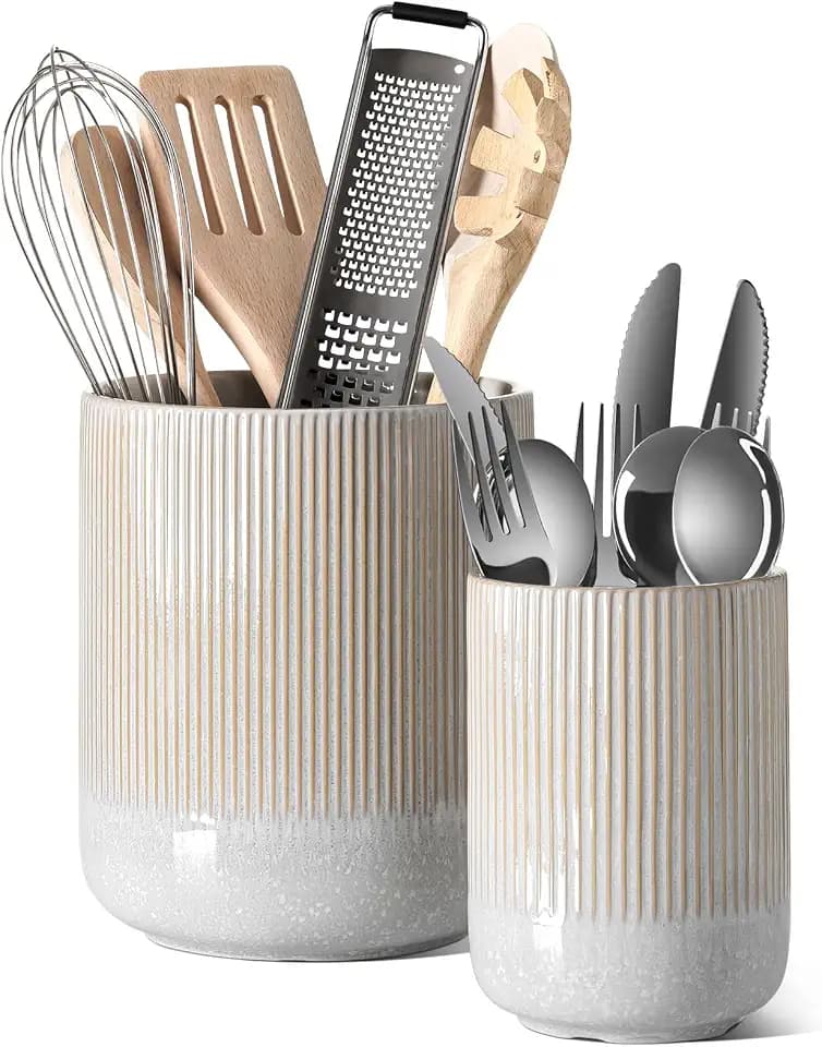 LE TAUCI Küchenutensilienhalter, 18,5+14 cm Keramik Utensilienhalter Küche, Große Küchenhelfer-Halter für die Küchenplatte, Moderner Organizer für Pfannenwender, 2er-Set, Marmoriertes Greige
