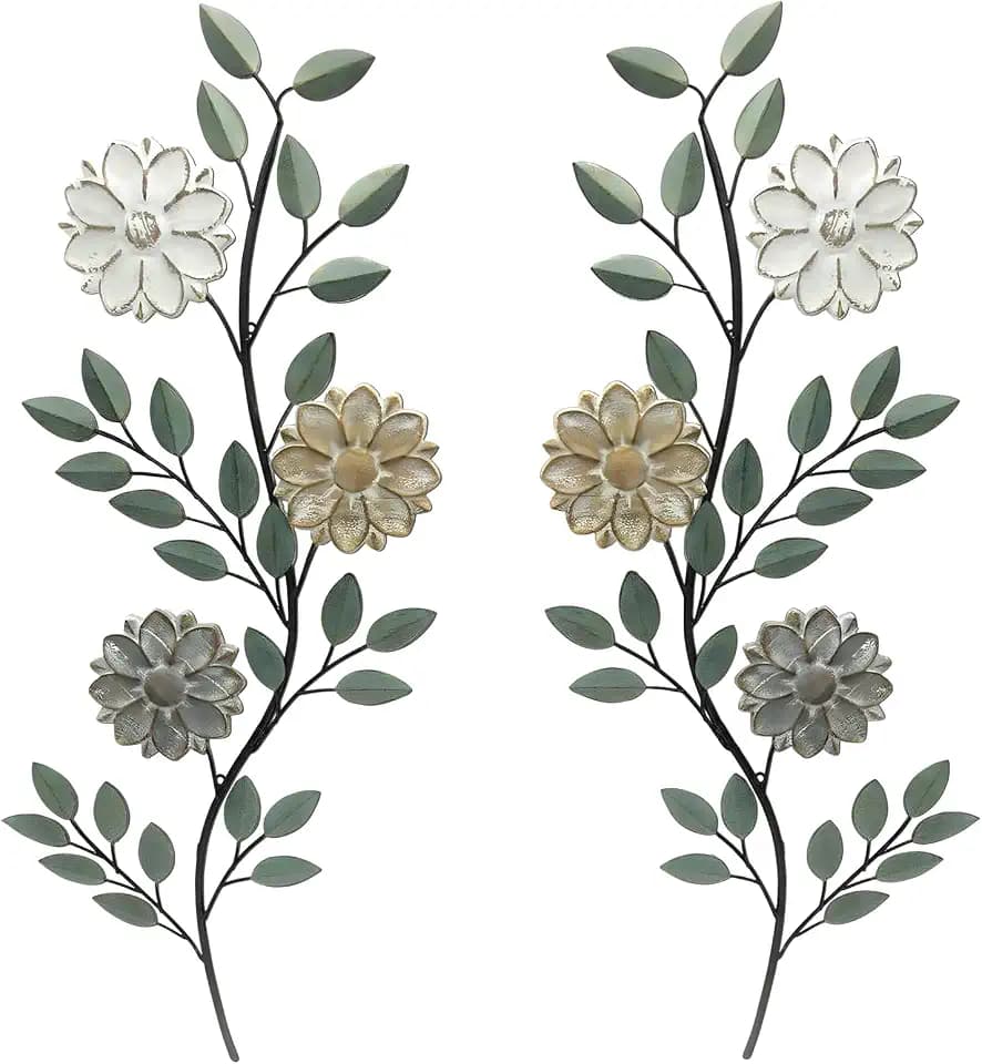 MorningRo 2 Pcs Metal Flower Leaves Wall Art Fall Wall Decor, Green