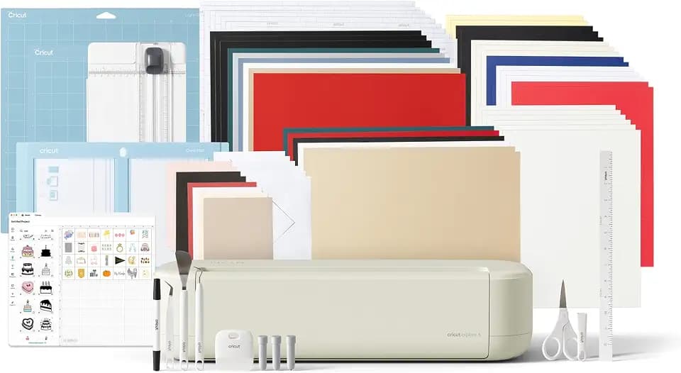 Cricut Explore® 5 Deluxe Bundle + Digitale Inhalte. Intelligente Schneidemaschine – perfekt für Projekte wie individuelle Vinyl-Aufkleber, T-Shirts, vollfarbige Sticker, Karten und mehr.