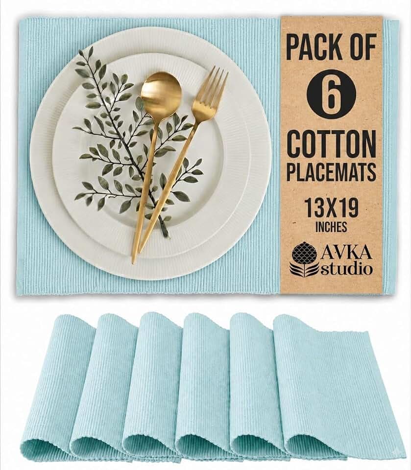 AVKA Studio Platzsets aus 100% Baumwolle, gerippt, 33 x 48 cm, Hellblau, für den täglichen Gebrauch, Dicke Konstruktion, waschbare und Wiederverwendbare Stoff-Tischsets