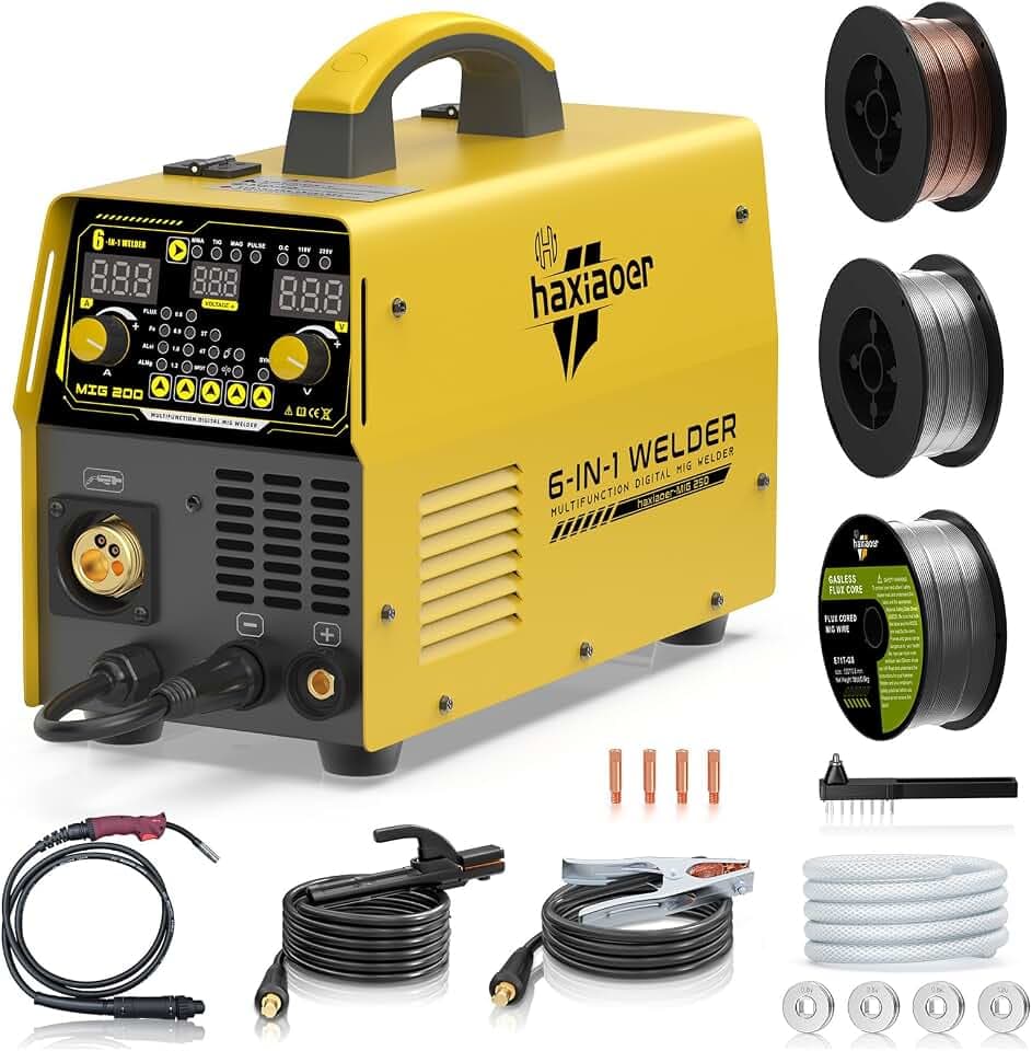 MIG Welder, 200A Welding Machine 110/220V,6-in-1 Flux Core MIG/Gas MIG/Single Pulse MIG/Lift TIG/Stick /2T 4T Spot Multiprocess Welder with Synergy