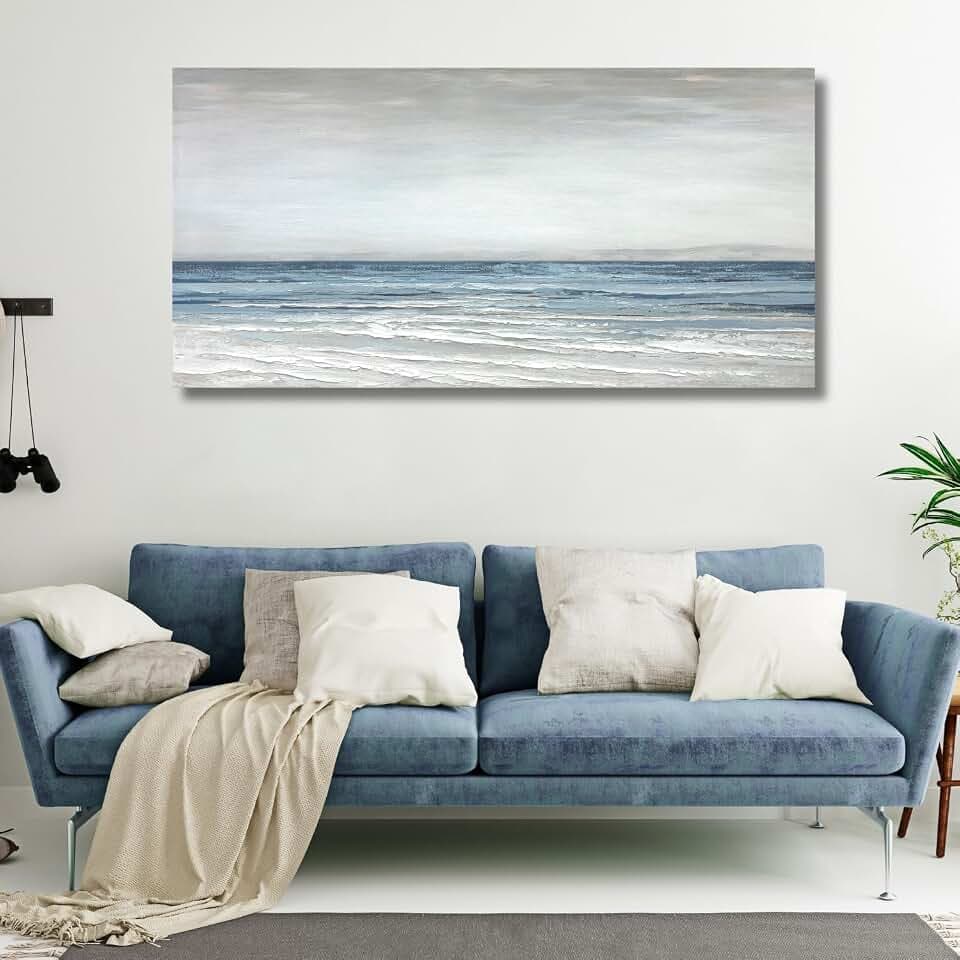 TRAIN2 ART Abstract Wall Art Painting Wall Decor Large Artwork Textured Blue and White Sea Background Canvas Wall Art for Living Room Bedroom Home Decor 20"x40"