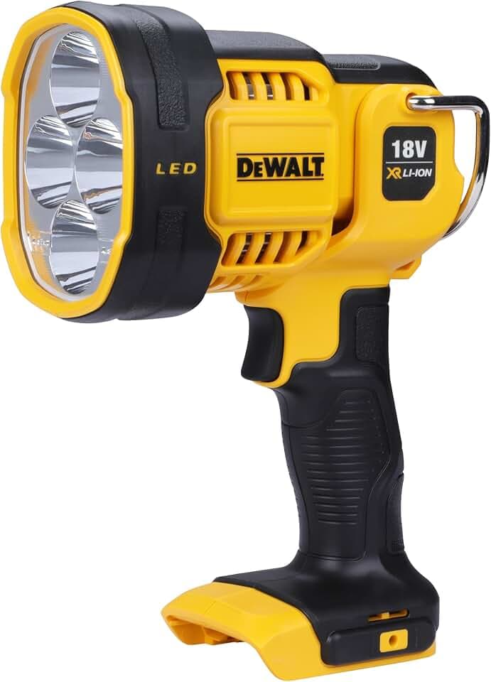 DEWALT Akku-LED-Strahler / Baustellenstrahler (18 V, max. 1.000 Lumen, max. 400 m Distanz, drei weiße und ein abgesoftete rote LED, drehbarer Lampenkopf, Lieferung ohne Akku und Ladegerät), DCL043