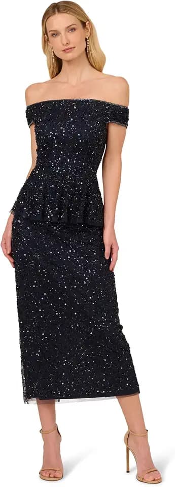 Adrianna Papell Women's Bead Mesh Peplum Dress
