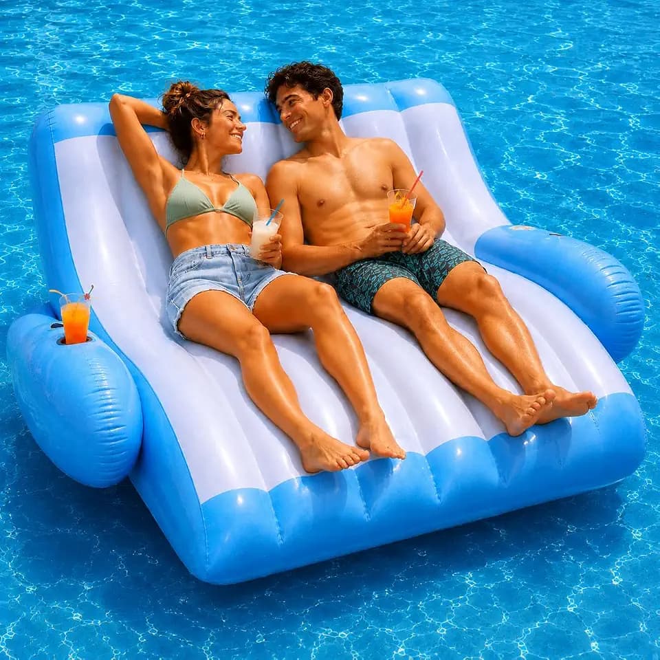 4E's Novelty Two Person Inflatable Pool Recliner Adult Pool Lounger Float with Cup Holder - Heavy Duty Lounger for Adults Floating Recliner Blow Up Floaties Water Floaty Lake Beach Tanning Float