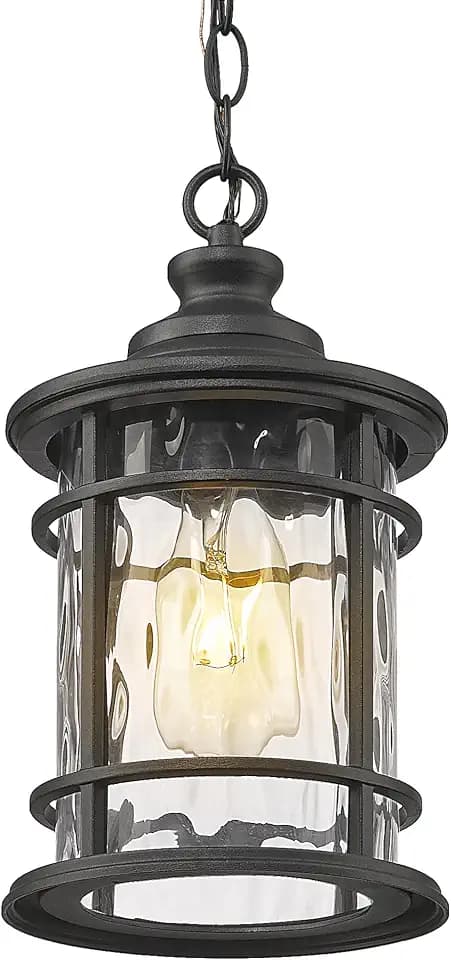 Emliviar Modern Farmhouse Outdoor Hanging Light, 12.4 Inch Front Porch Pendant Light with Water Ripple Glass, Black Finish, XE229H-WG BK