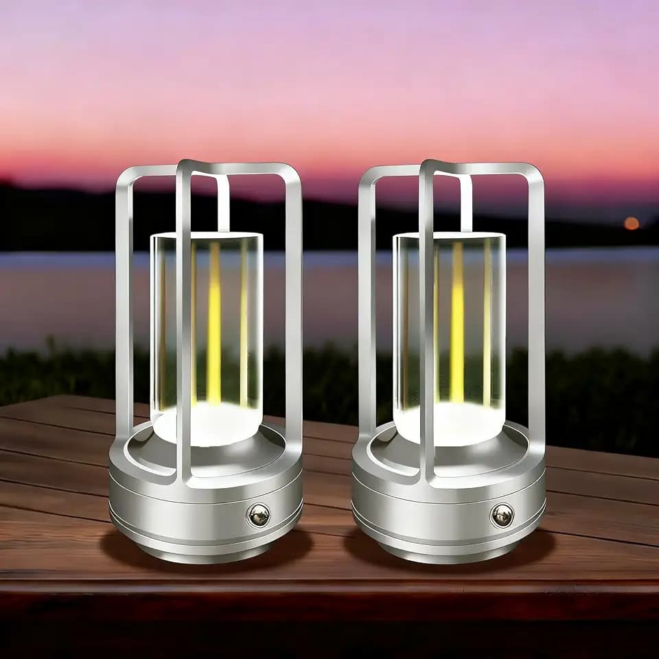 Set of 2 Cordless Table Lamps, LED Rechargeable Table Lamp with 3 Color Stepless Dimmable, Indoor/ Outdoor Table lamp for Patio/ Camping/ Bar/ Coffee/ Restaurant/ Home(Silver 2 Pcs)