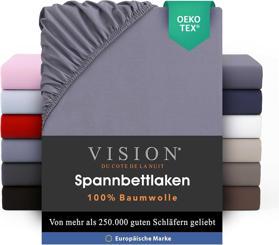VISION Spannbettlaken – 100% Baumwolle – Doppelbett (140 x 190 cm) – Elastische Ecken – Passend für Matratzen bis zu 25 cm – Öko-Tex-Zertifizierung – Maschinenwaschbar – Farbe: Grau