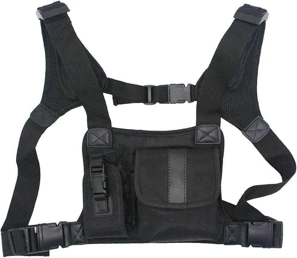 Universal radio harness chest Rig Bag Pocket Pack Holster Vest for Two Way Radio (Rescue Essentials) (Leather Black)