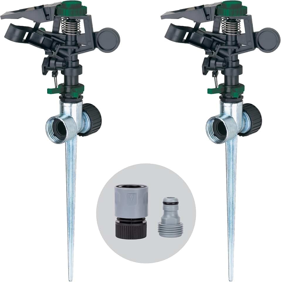 Melnor 65176AMZ Pulsating Sprinkler Set, 2 Pack, Waters Up to 85 Ft. Diameter, Metal Spike Base, Quick Connect Bundle, Black, Green