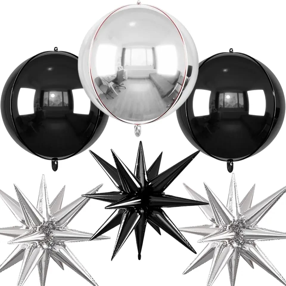 6pcs 22 inch Black Silver Star Balloons and 4D Large Foil Balloons, Black Foil Star Balloon Silver 4D Aluminum Balloon For Birthday Baby Shower Party Wedding Anniversary Graduation New Year Decoration