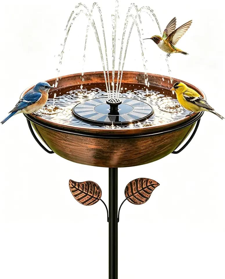 Metal Bird Bath with Solar Fountain for Outside, 3" Deep Removable Bowl Easy to Clean, Solar Powered Birdbaths with 5-Prong Stake, Outdoor Solar Bird Bath for Yard Lawn Decor, 1.4 Gallon