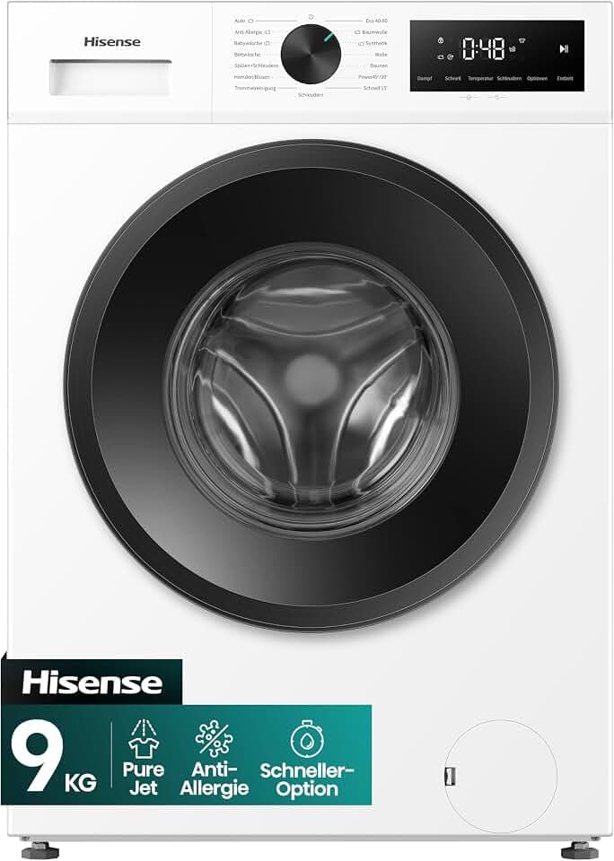 Hisense WF1I9042BWP Waschmische mit Dampffunktion, 9kg, 1400 U/Min, 15 Programme, TFT Farb-Display, 72 dB, Automix-Waschmittelschubfach, Pure Jet, Schnellwaschgang, Anti-Allergie, EEK A, Weiß