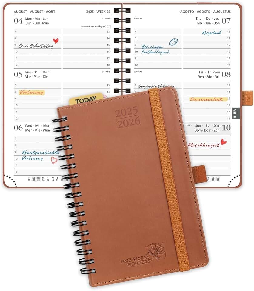 POPRUN Taschenkalender 2025 2026 Klein (Aug.2025-Dez.2026) Ringbuch mit Softcover, ca. A6 (16 x 10,5 cm), Terminplaner 2025 2026 Klein 1 Woche 2 Seite mit Plastiklineal - Braun